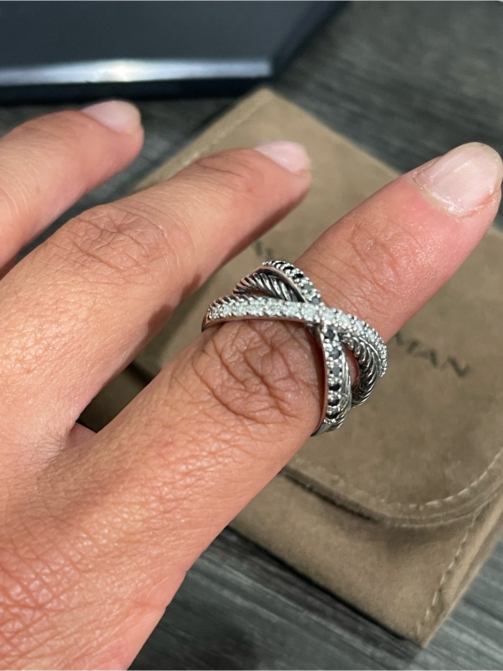 David Yurman Silver and White Diamond Cross-Over Cable Ring